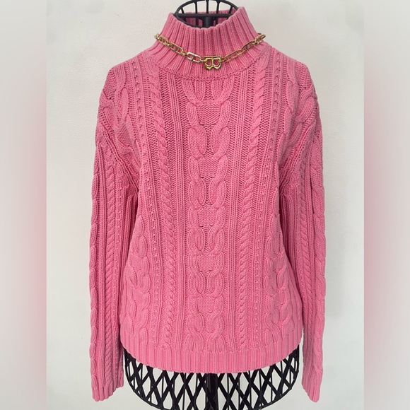 CHAPS Womens Sz L Pink Heavy Cable-Knit Mock Neck Sweater 100% Cotton - Picture 2 of 6